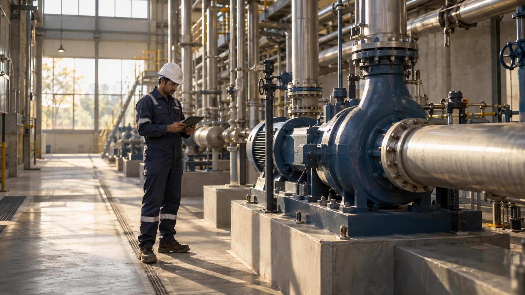 Editorial image of a maintenance engineer using a tablet beside plant equipment